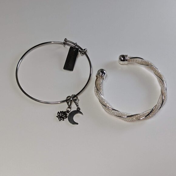 (x2) Silver Bracelets Mesh Cuff Bangle and Solid Charm Bangle Bracelets - Picture 7 of 7